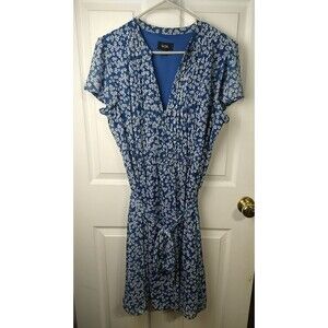 MSK Woman 16 Knee Dress Blue White Floral V Sheer Lined Prairie Cottage Core